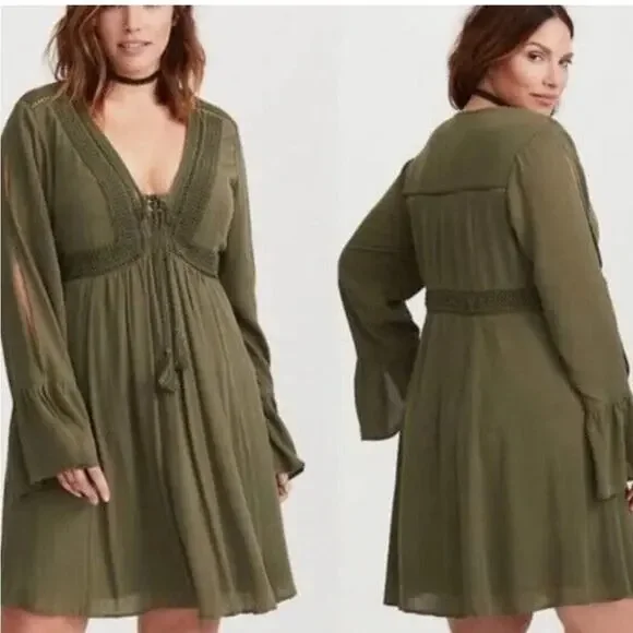 Torrid army olive green slit sleeve tassel boho peasant dress size 0 or Large - Picture 16 of 16